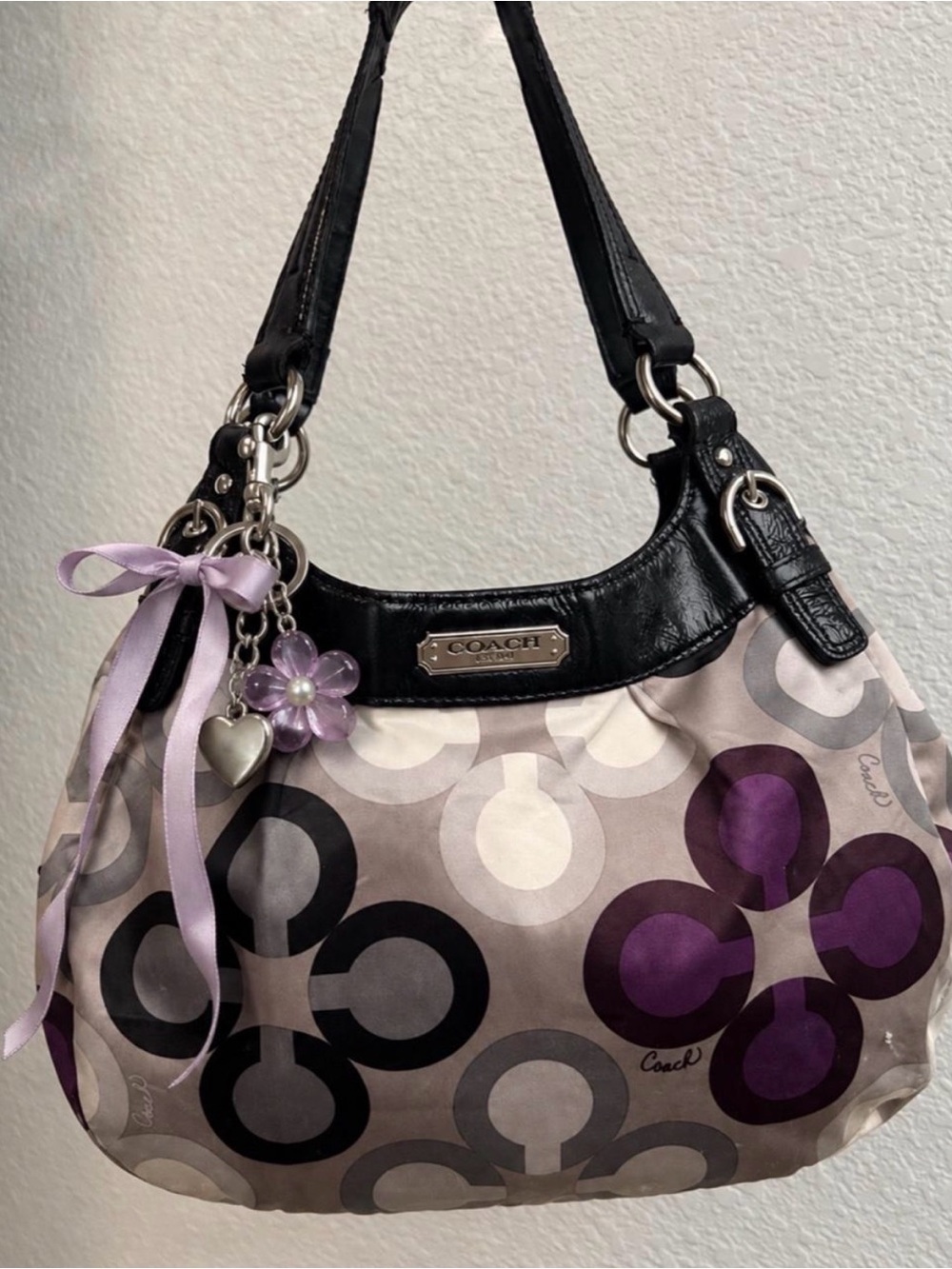 Coach Satin Floral Logo Shoulder Bag in Purple, Black and Cream